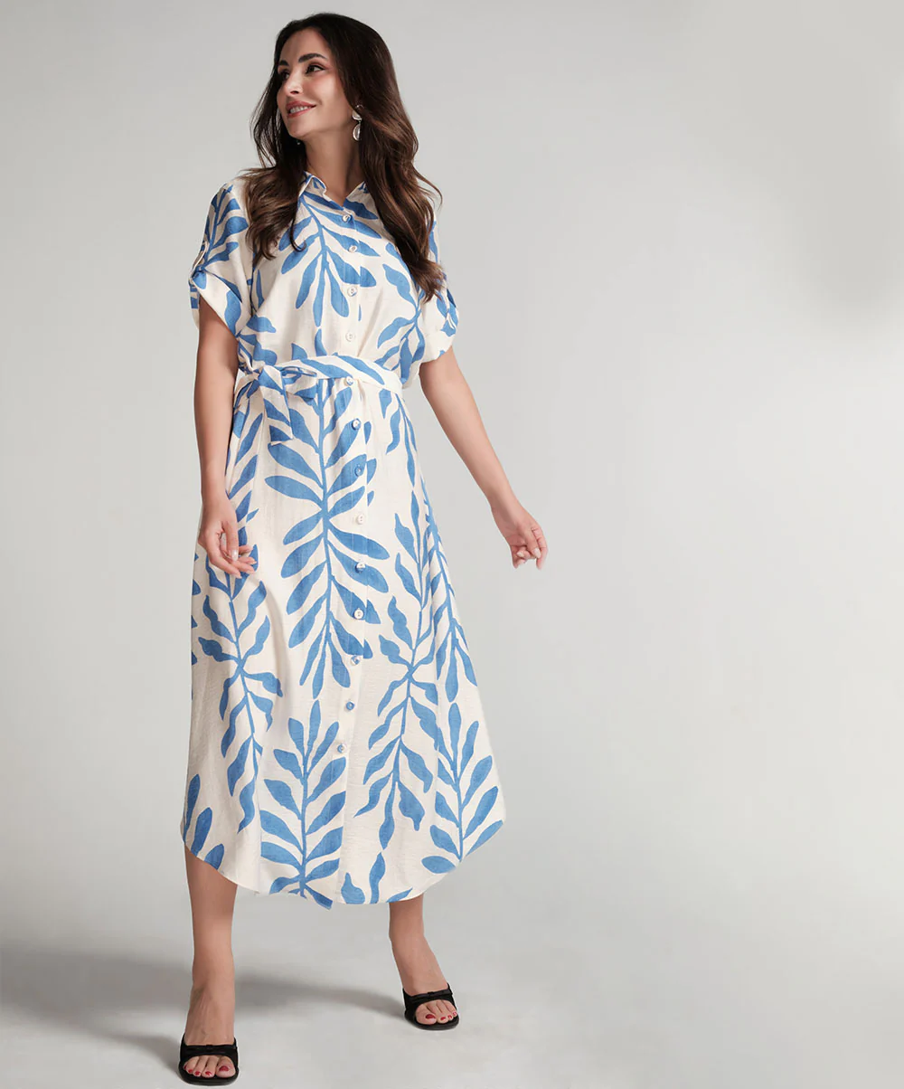 Asymmetrical Hem Blue Printed Dress - Image 2