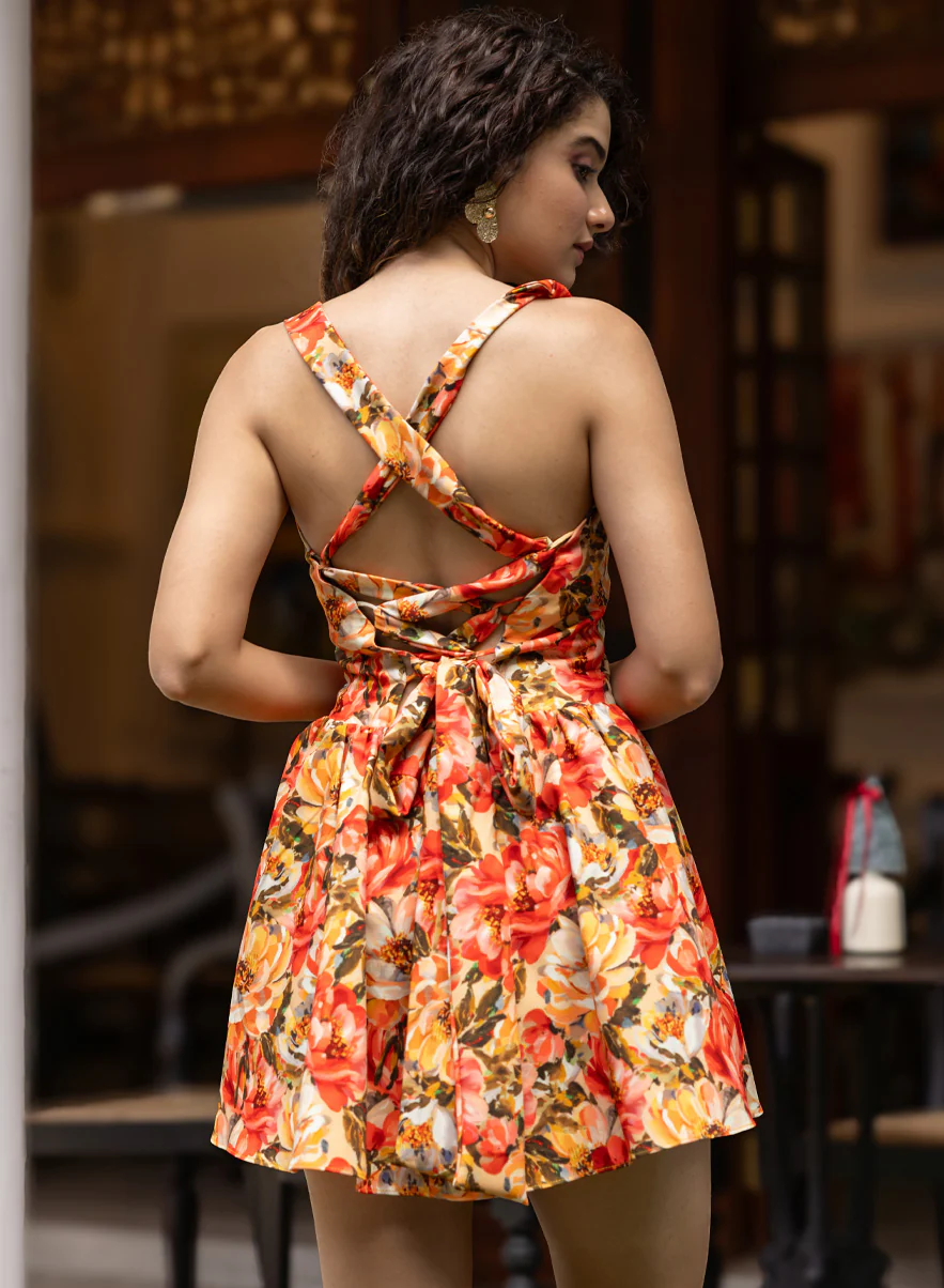 Back Detailed Printed Mini Dress - Image 2