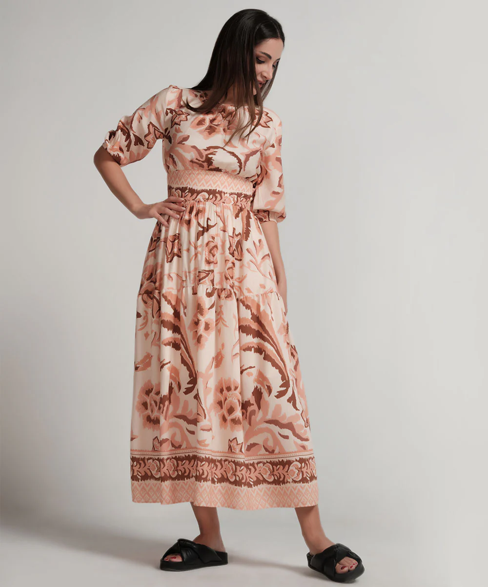 Back Tie Puffed Sleeve Beige Dress - Image 3