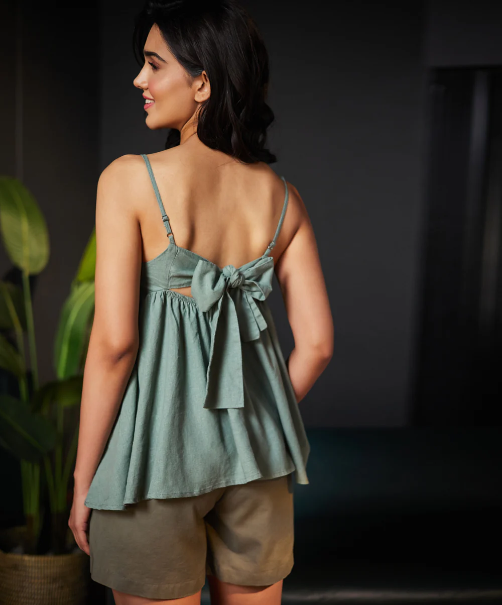 Back Tie Strap Linen Top - Image 2