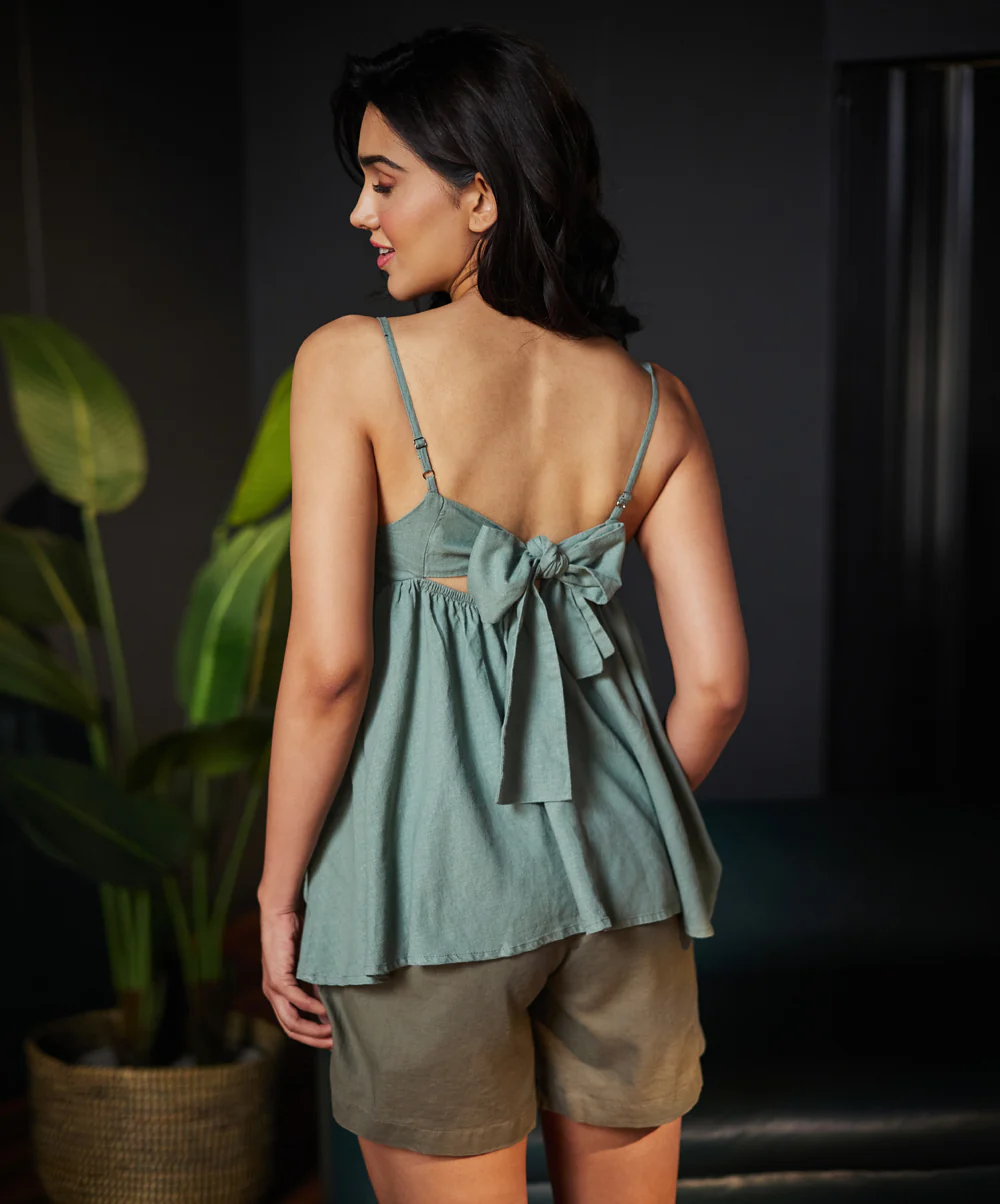 Back Tie Strap Linen Top - Image 3