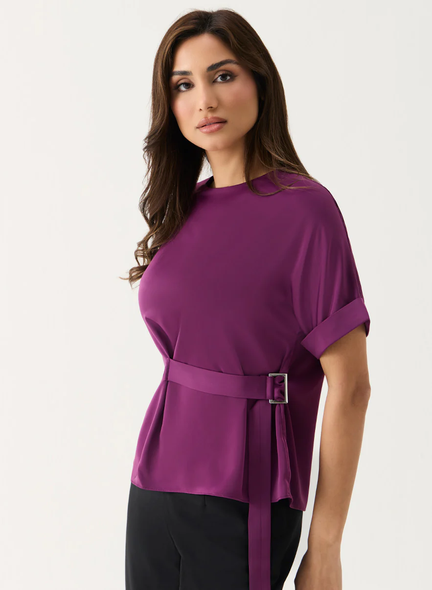 Baggy Sleeve Satin Top with Buckle - Image 2