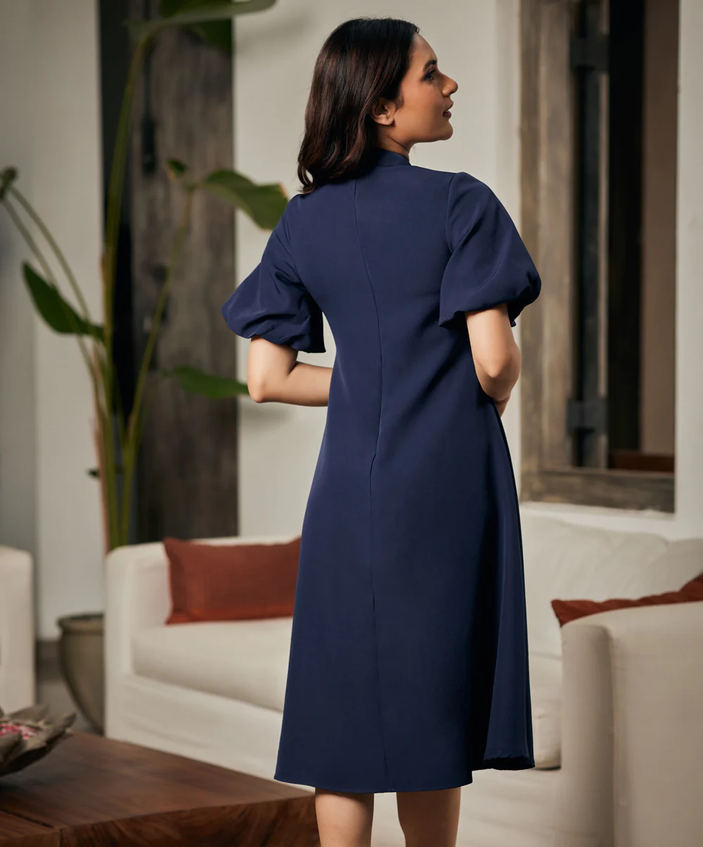 Balloon Sleeve High Neck Blue Dress - Image 4