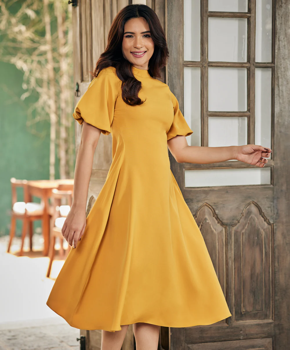 Balloon Sleeve High Neck Mustard Dress - Image 3
