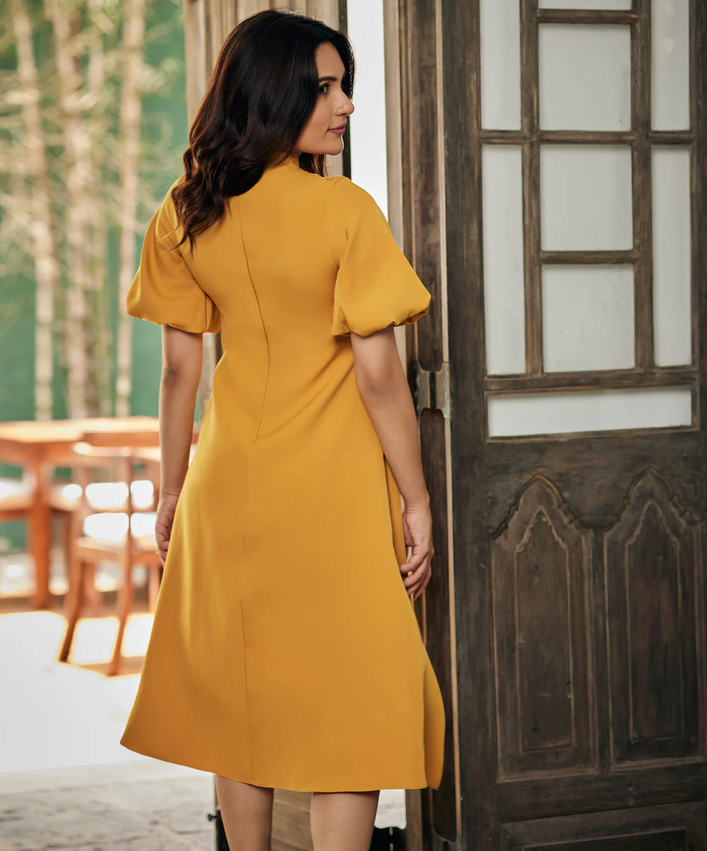 Balloon Sleeve High Neck Mustard Dress - Image 4