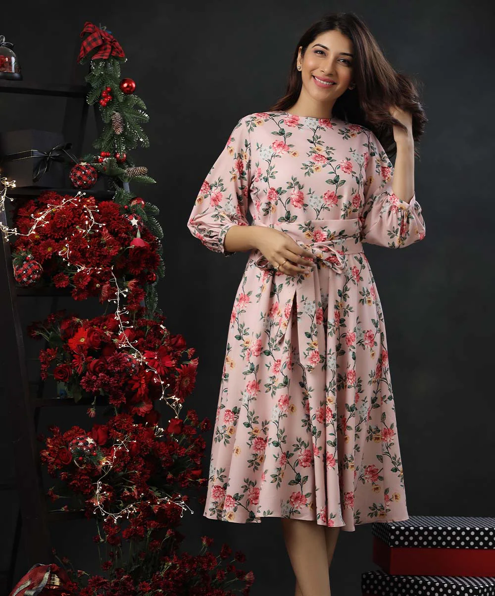 Balloon Sleeve Printed Pink Midi Dress