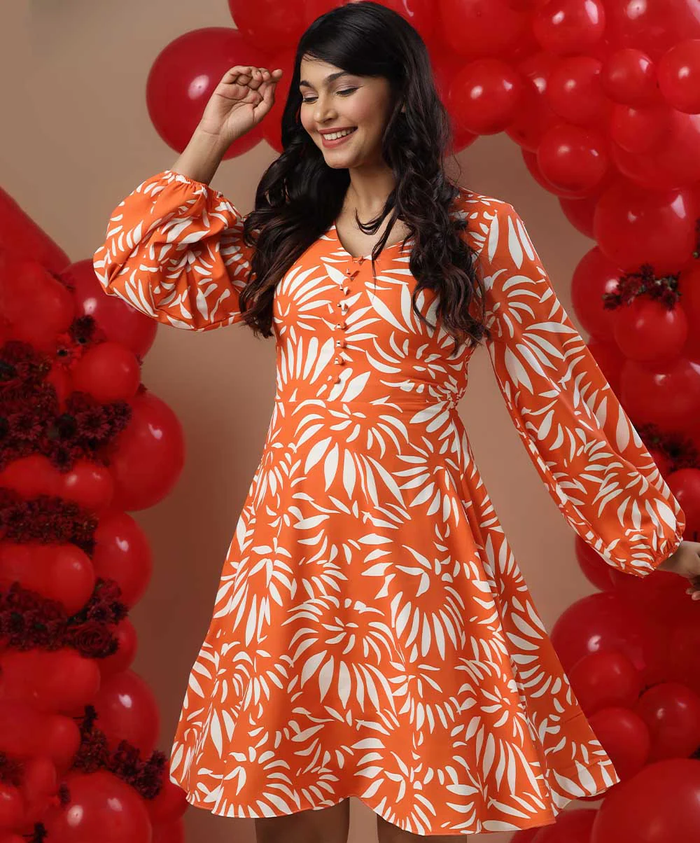 Balloon Sleeve Printed Skater Chiffon Dress