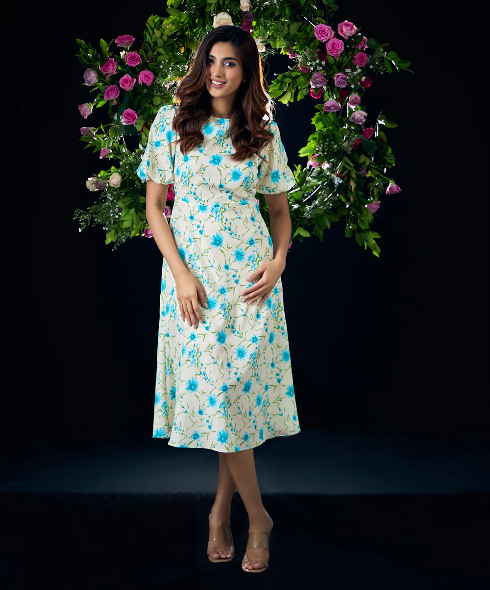 Baloon Sleeve Printed Midi Summer Dress - Image 3
