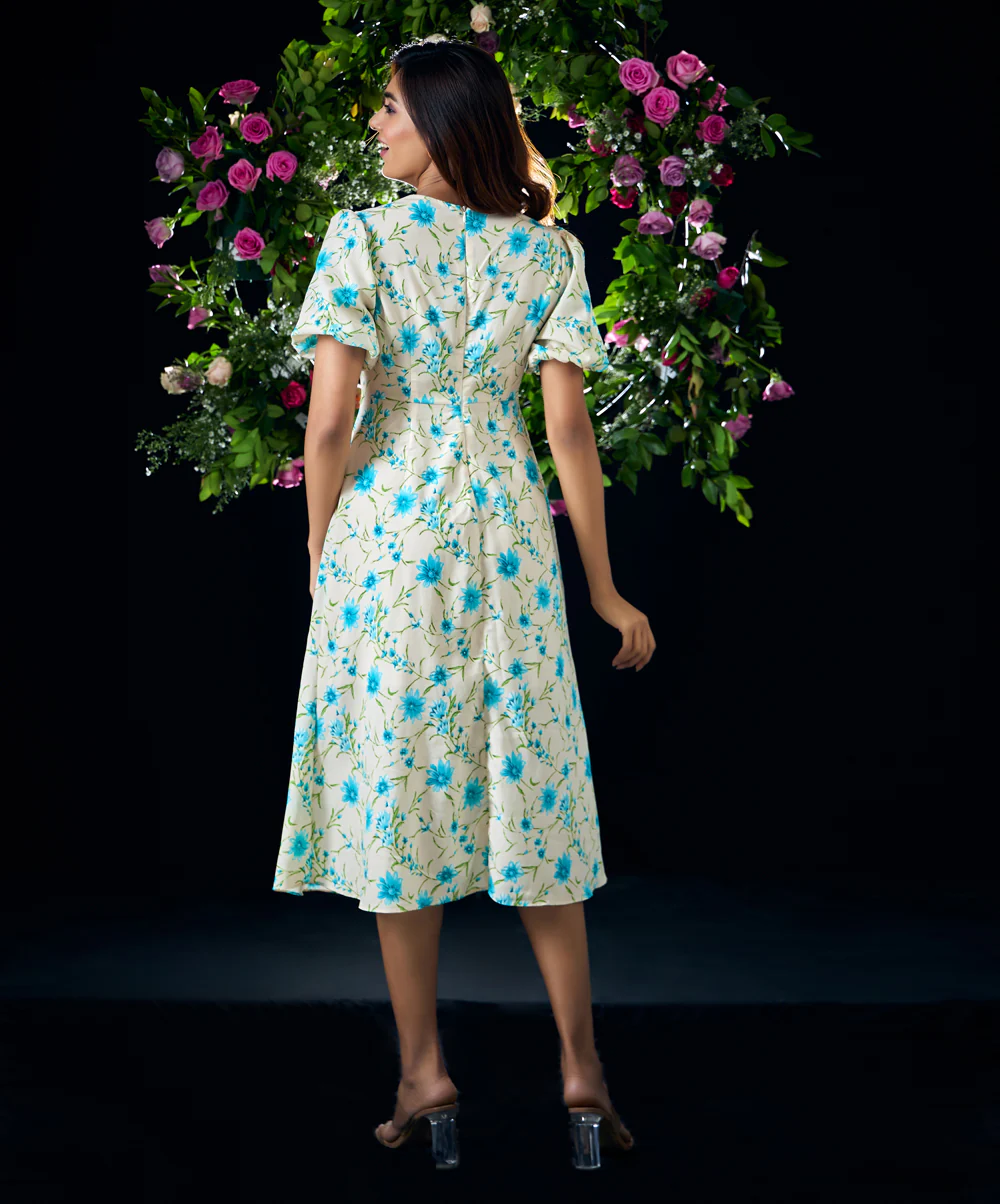 Baloon Sleeve Printed Midi Summer Dress - Image 4