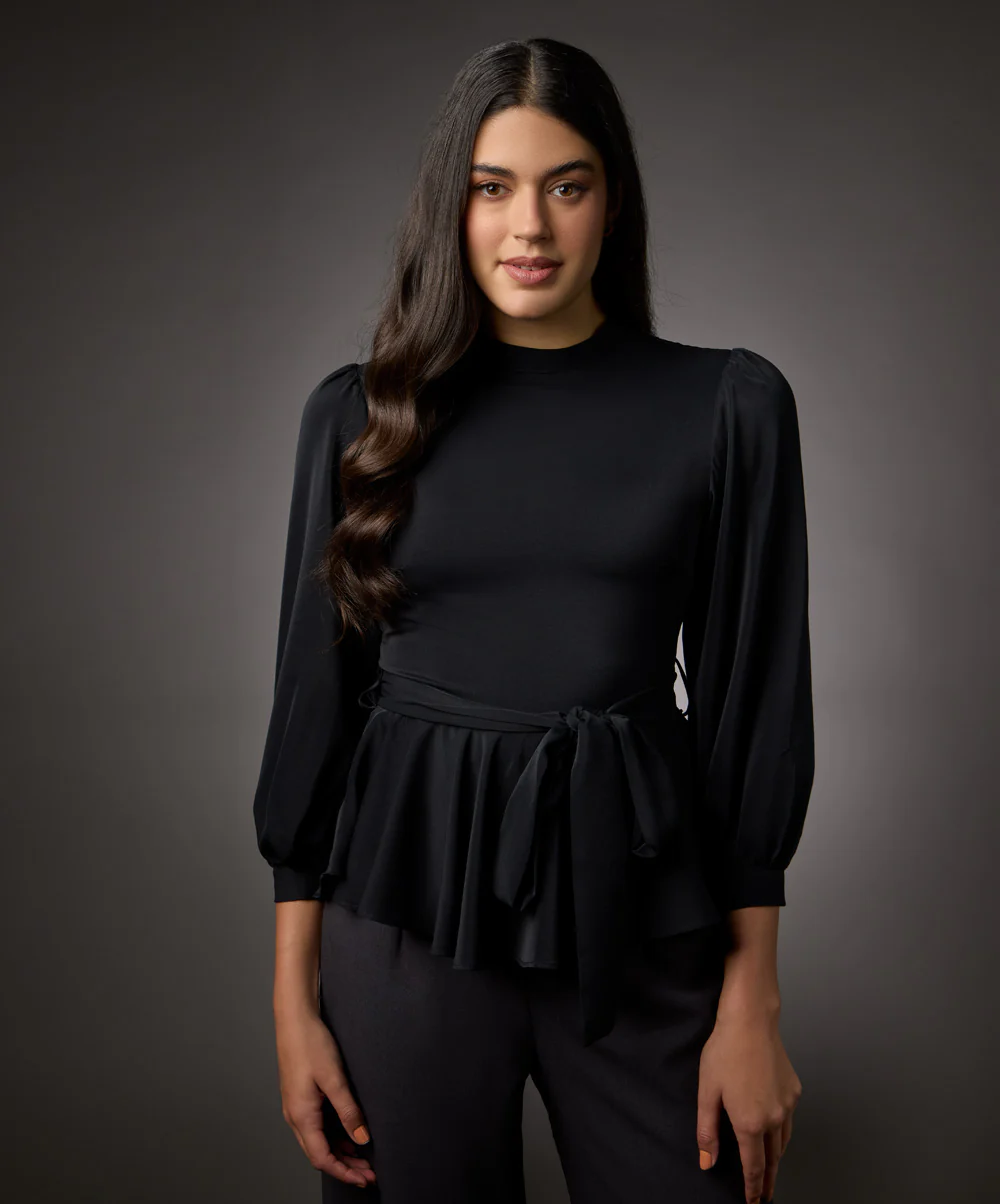 Bishop Sleeve Belted Peplum Top-Black - Image 2