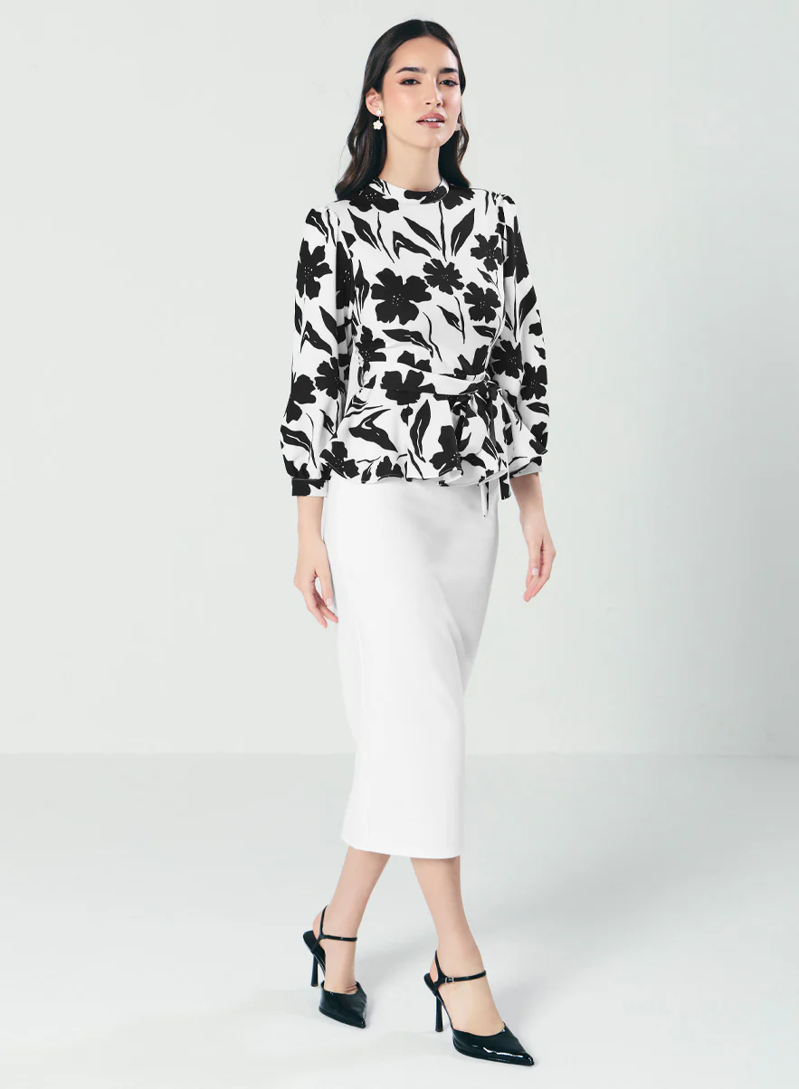 Black And White Floral Peplum Top - Image 2