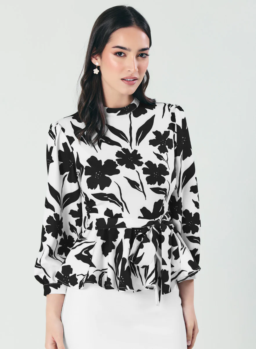 Black And White Floral Peplum Top - Image 8