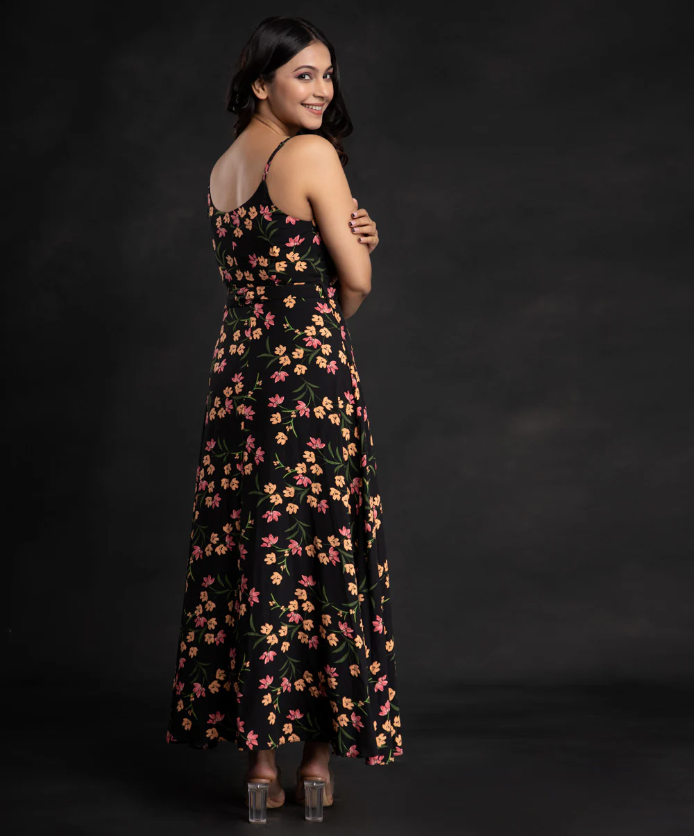 Black Floral Printed Button Stand Maxi - Image 2