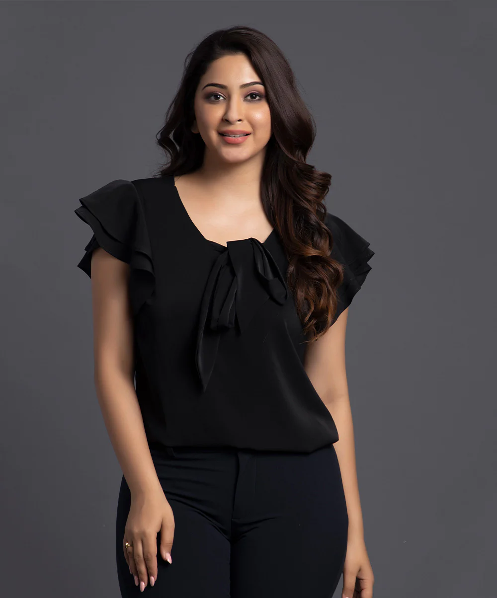 Black Front Neck Vtie Chiffon Formal Top