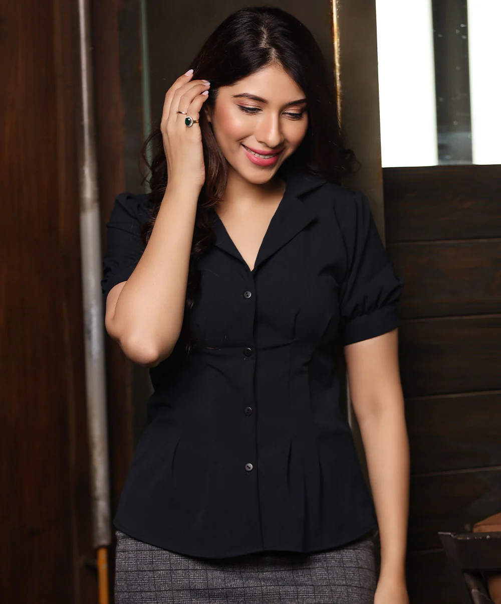 Blazer Inspired Puff Sleeve Navy Top