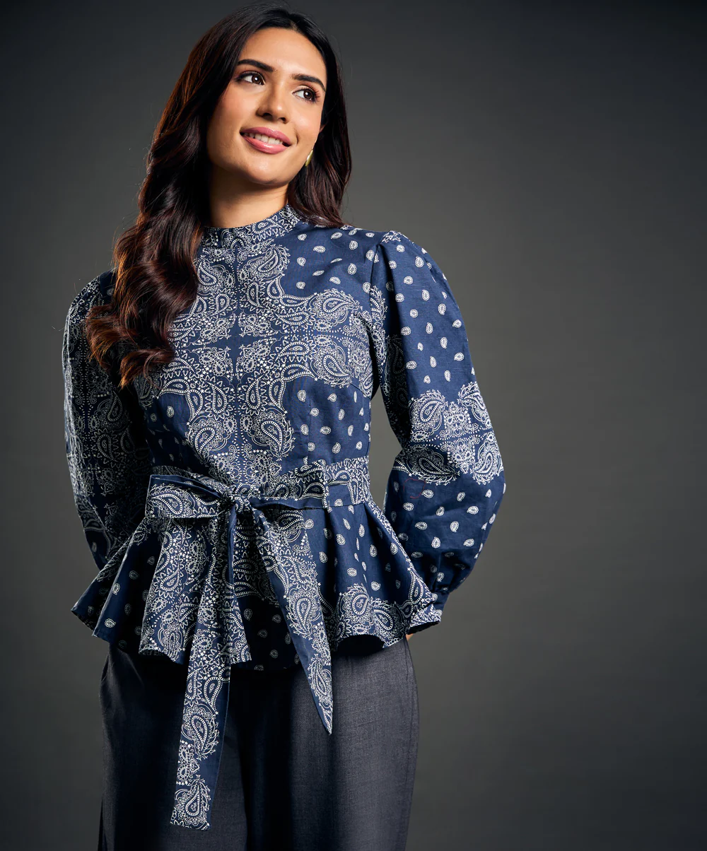 Blue And White Printed Peplum Top - Image 3