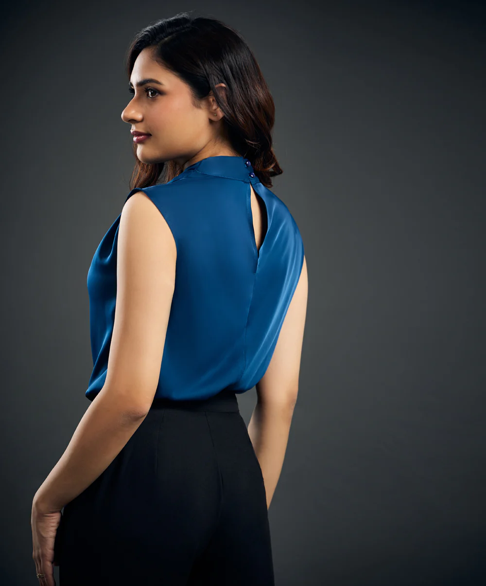 Blue Cowl High Neck Satin Top - Image 4
