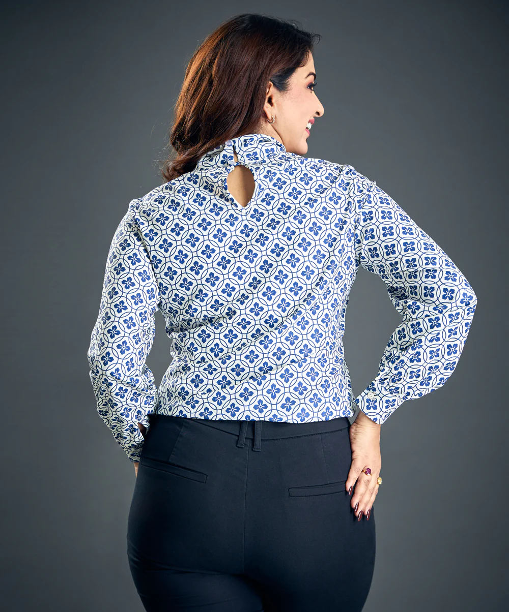 Blue Floral Printed Chiffon Neck Top - Image 2