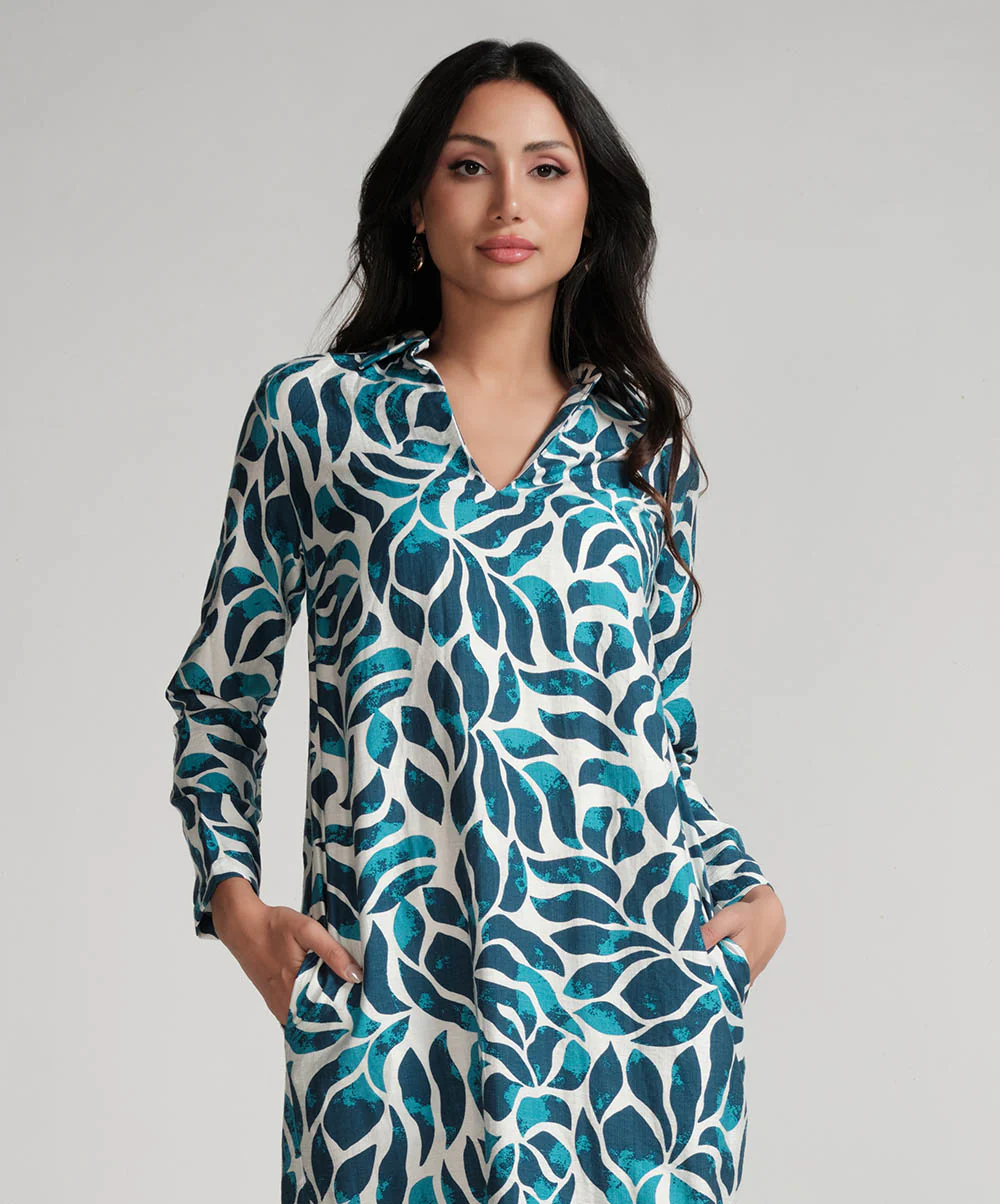 Blue Printed Dress With Side Pockets - Image 3