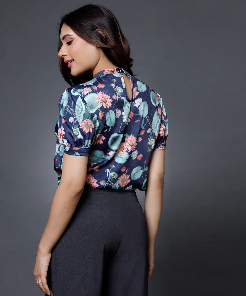 Blue Printed Sleeve High Neck Top - Image 4