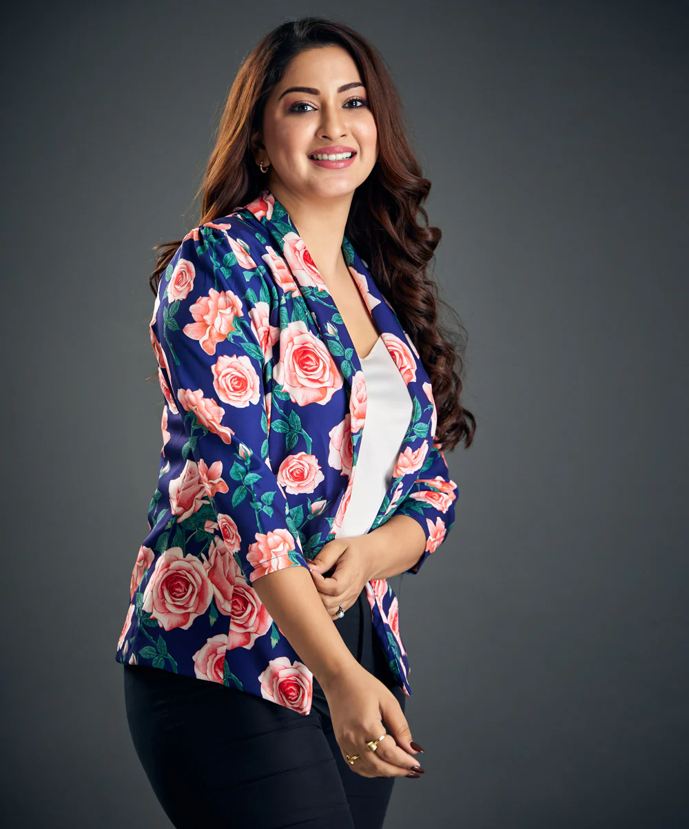Bold Pink Rose Printed Floral Blazer - Image 2