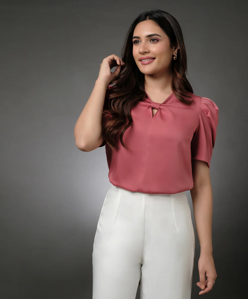 Bow Attached Sleeve Gathered Pink Satin Top - Image 2