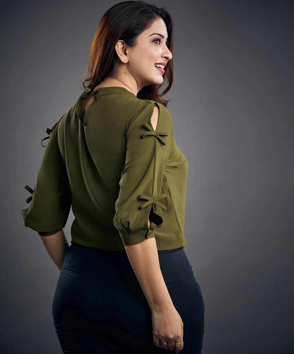 Bow Detailed Chiffon Khaki Top - Image 4