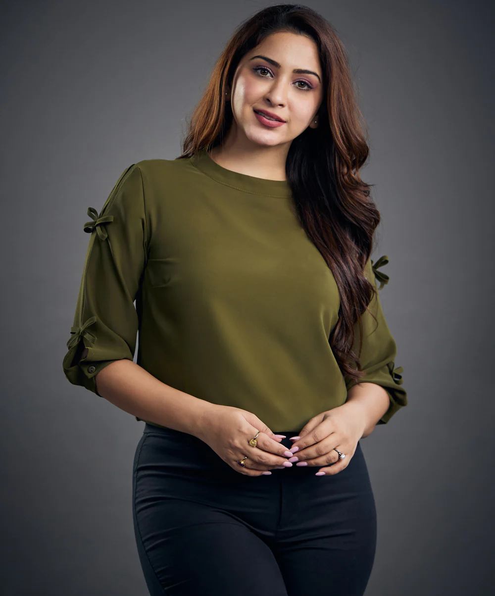 Bow Detailed Chiffon Khaki Top - Image 5