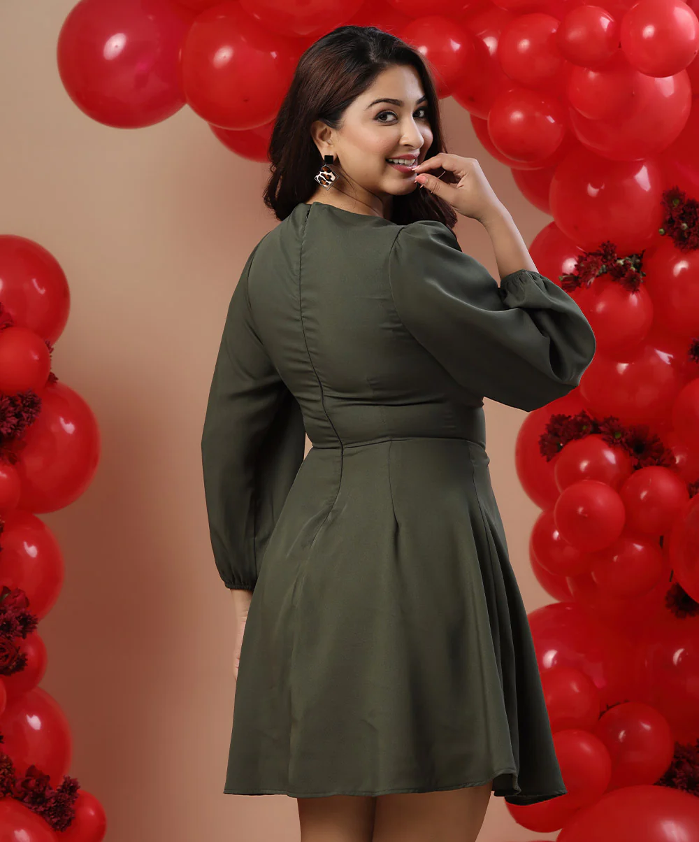 Bow Tie Deep Vneck Green Dress - Image 2