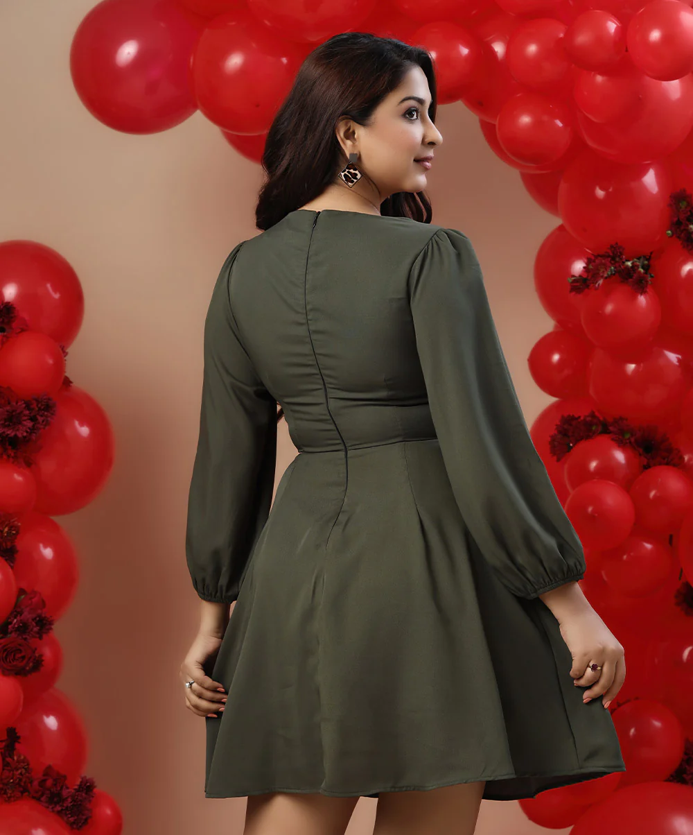 Bow Tie Deep Vneck Green Dress - Image 3