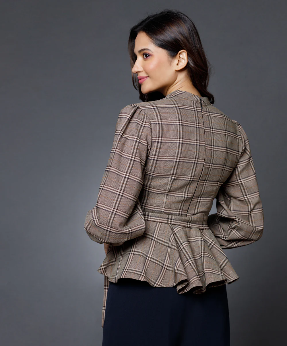 Brown Gingham Waist Tie Peplum Top - Image 4