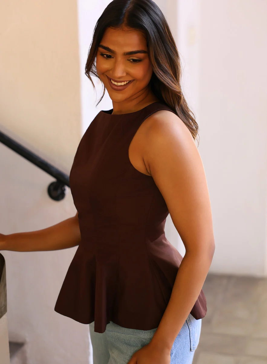 Brown Sleeveless Cotton Peplum Top - Image 2