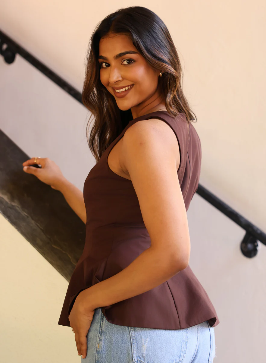 Brown Sleeveless Cotton Peplum Top - Image 4