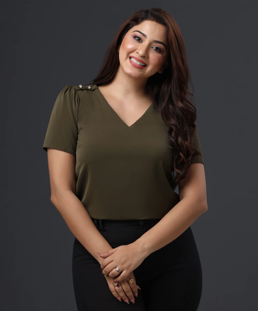 Button Detailed Green Chiffon Top