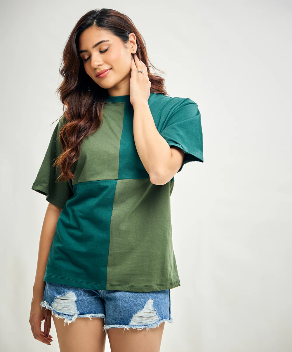Check Contrast Detailed Oversized Tshirt - Image 2