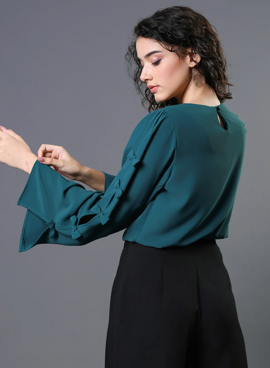 Chiffon Bow Dark Green Top - Image 4