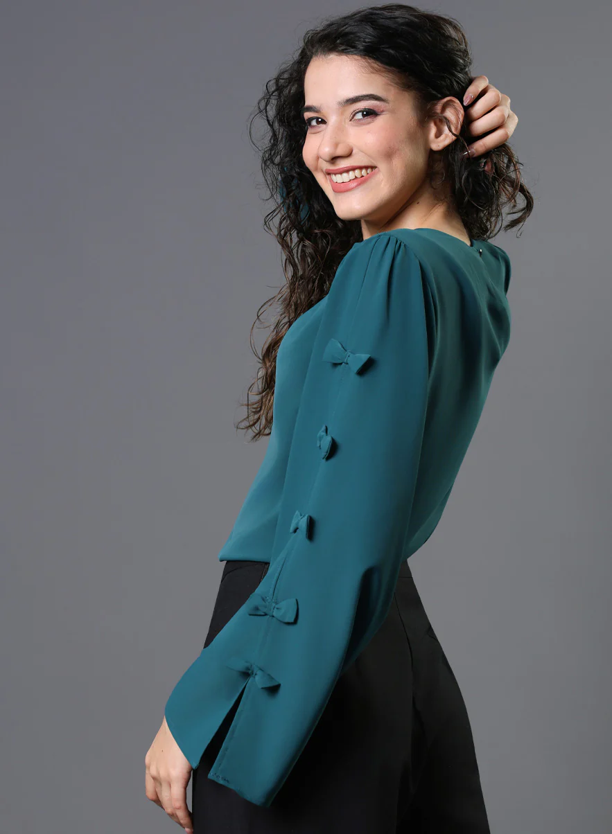 Chiffon Bow Dark Green Top - Image 5