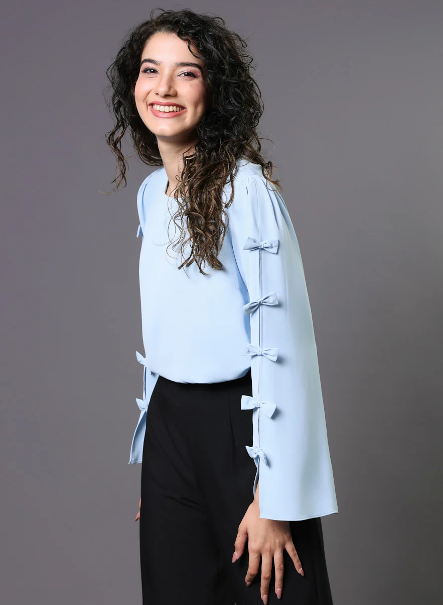 Chiffon Bow Light Blue Top - Image 5