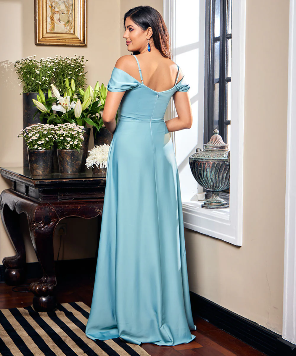 Chiffon Cold Shoulder Blue Maxi Dress - Image 6