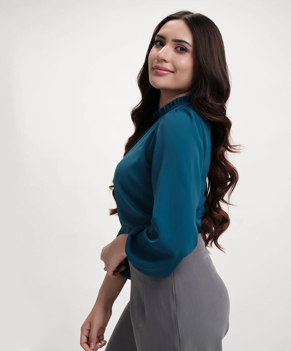 Chiffon Lantern Sleeve Detailed Neck Blue Top - Image 2