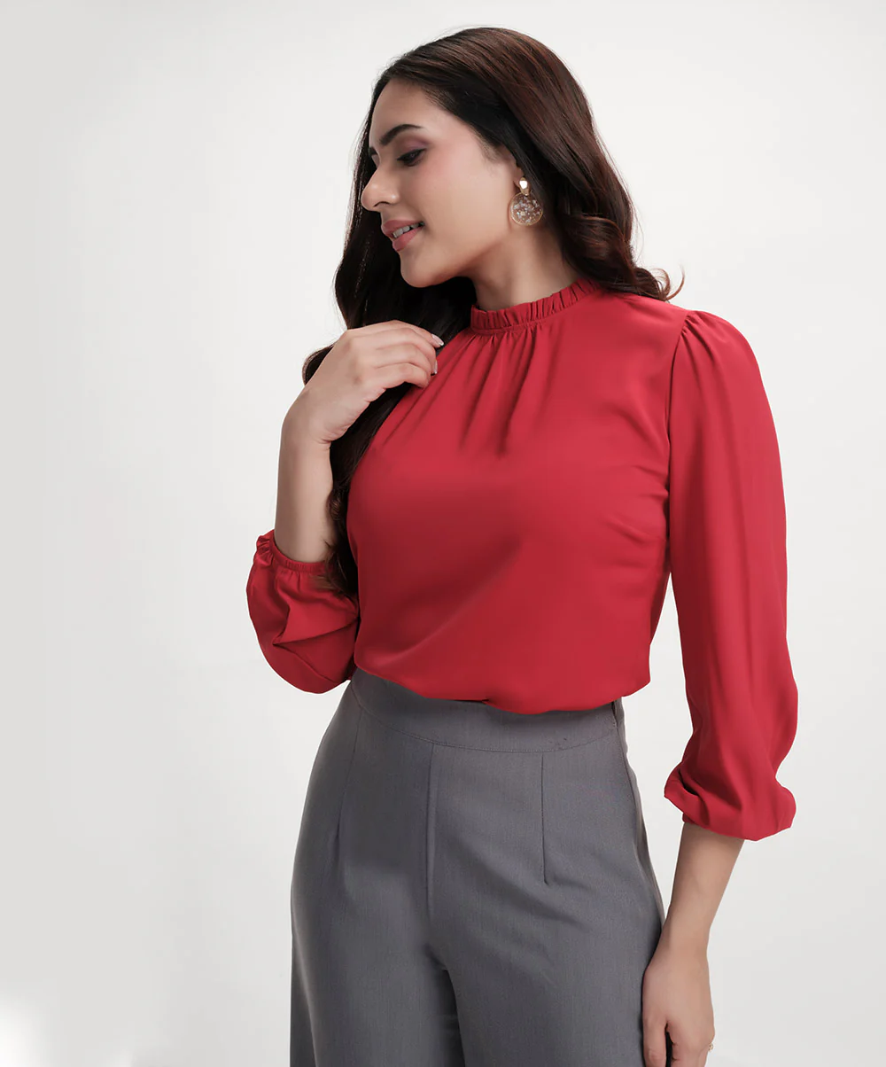 Chiffon Lantern Sleeve Detailed Neck Red Top - Image 2