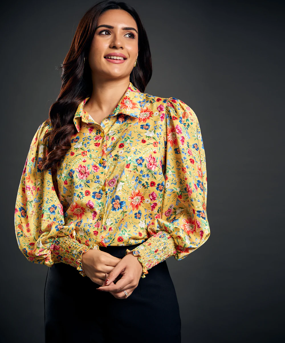 Classic Collar Printed Satin Shirt Top - Image 2