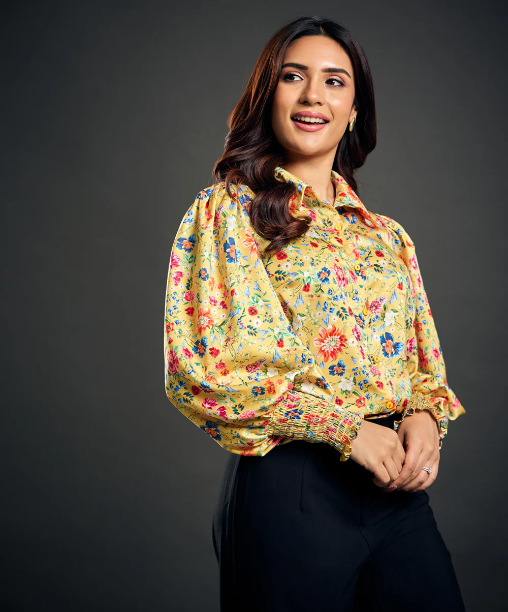 Classic Collar Printed Satin Shirt Top - Image 3
