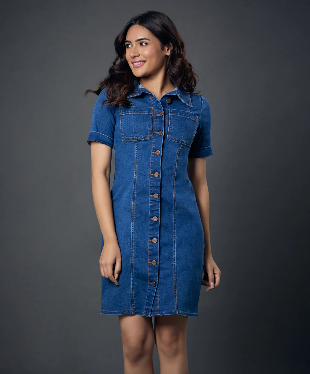 Classic Collared Front Buttoned Denim Dress - Image 2