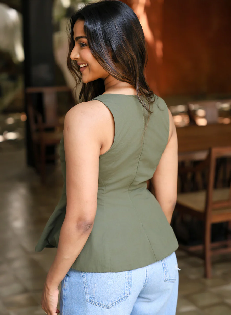 Classic Green Sleeveless Cotton Peplum Top - Image 4