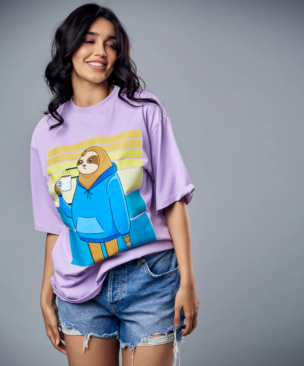 Coffee Drinking Sloth Oversized Tshirt - Image 2