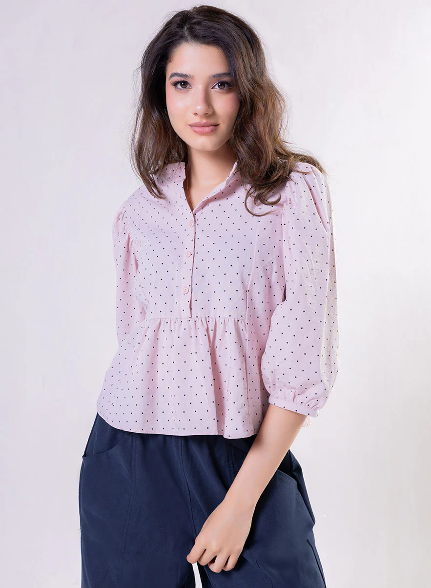 Collar Band Attached Half Sleeve Cotton Top - Image 2