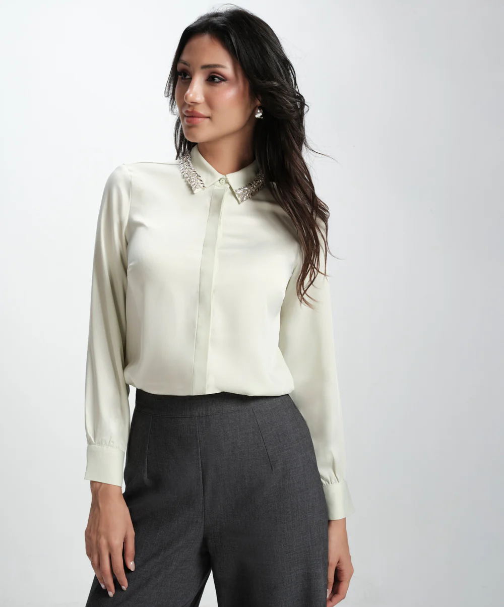Collar Bead Detailed Chiffon Shirt - Image 4