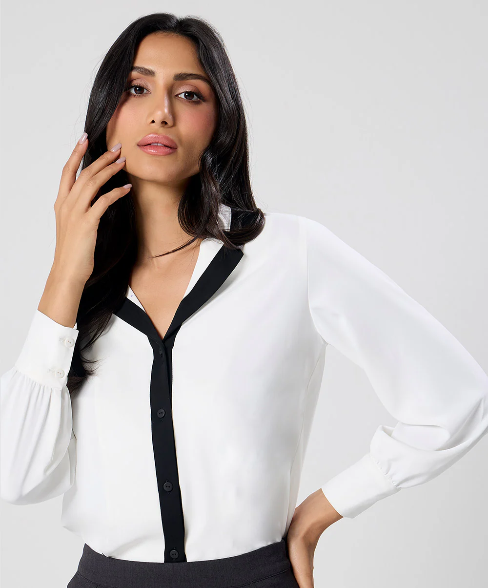 Contrast Lapel And Button Stand Long Sleeve Shirt - Image 3
