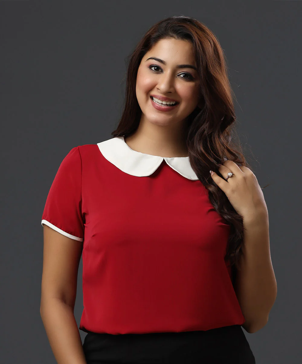 Contrast Peter Pan Collared Red Top - Image 2